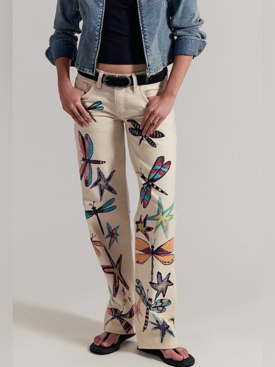 We The Free Denim - Free People Tennessee Illusions Jeans Dragonfly Print Low Rise Size 28 NEW